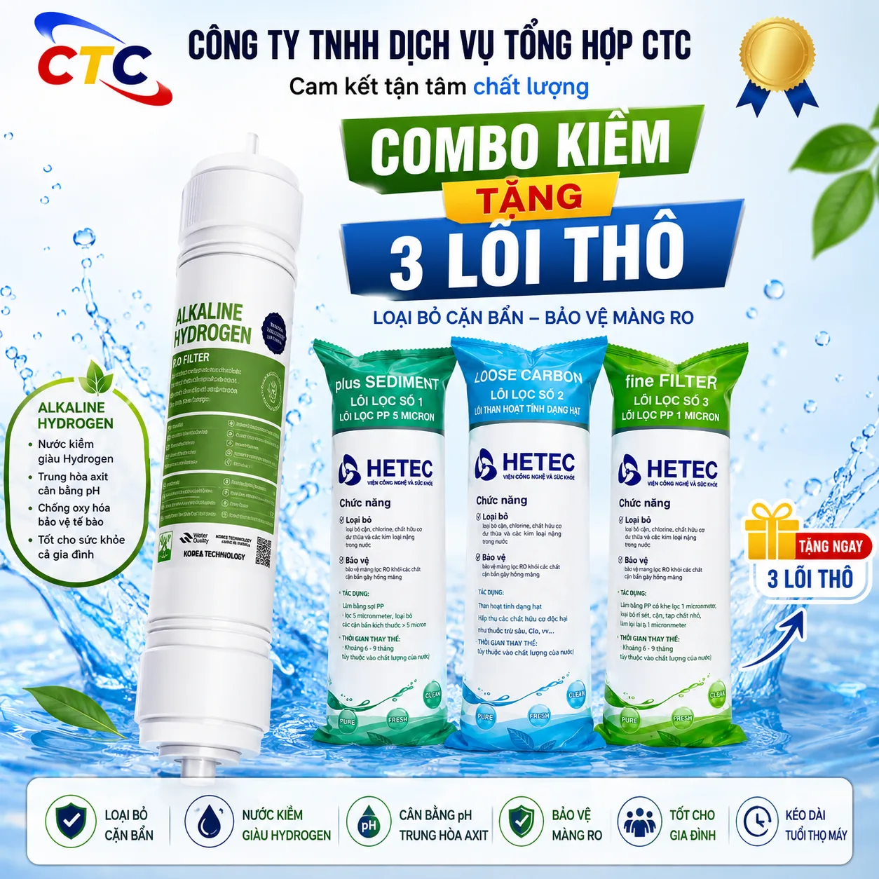 Combo Lõi Lọc Nước Kiềm Hydrogen Hàn Quốc Tặng Lõi Lọc Thô