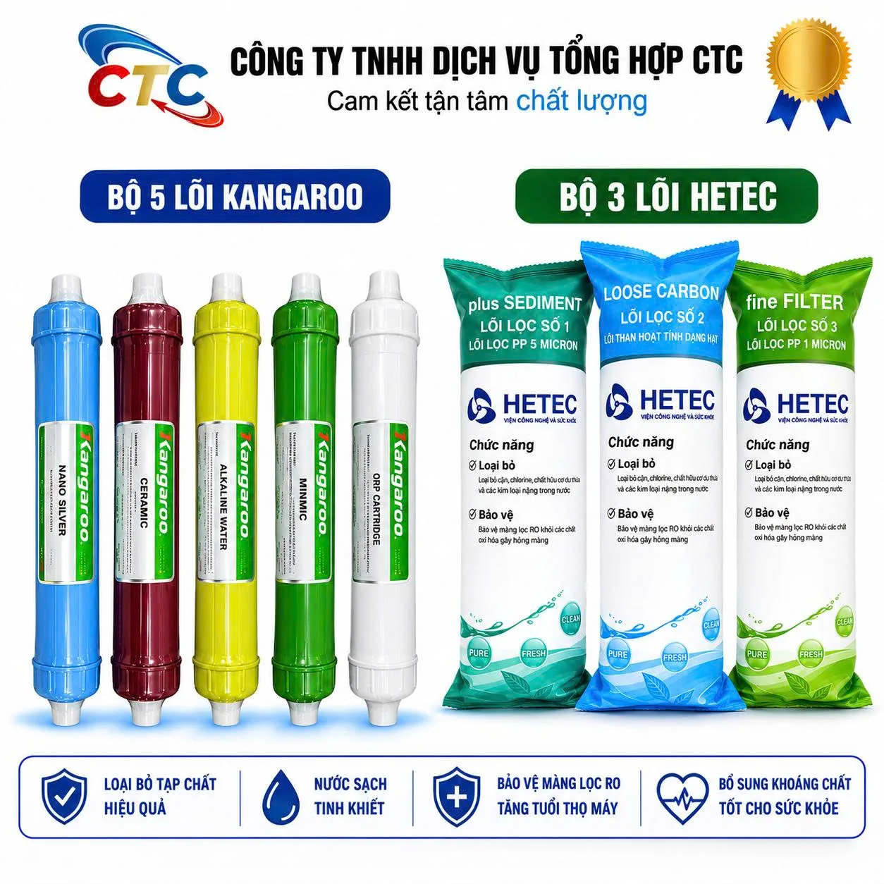 Bộ 8 lõi lọc nước Kangaroo và HETEC (5 lõi chức năng, 3 lõi thô)