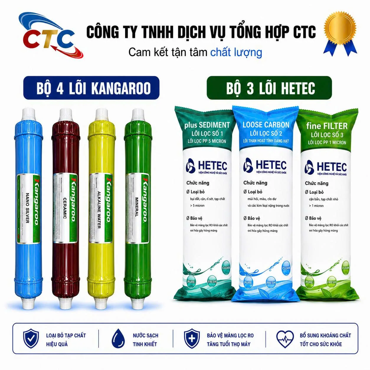 Bộ 7 lõi lọc nước Kangaroo và HETEC bao gồm 4 lõi chức năng Kangaroo và 3 lõi lọc thô HETEC.