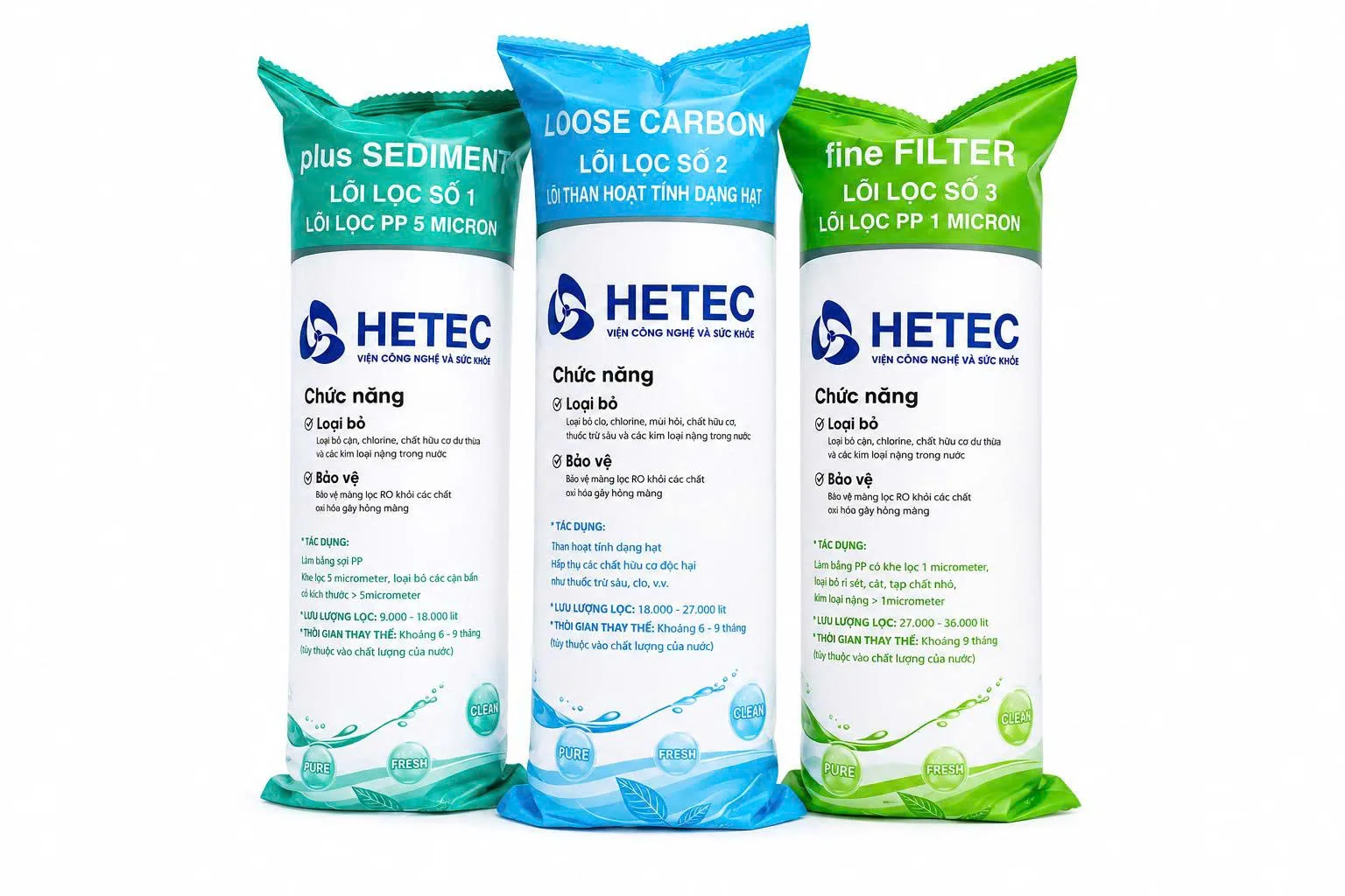 Bộ 3 lõi lọc thô 123 Hetec cho hệ thống lọc nước gia đình