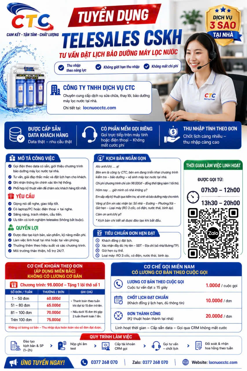 Nhân viên Telesales CSKH làm việc từ xa và Online